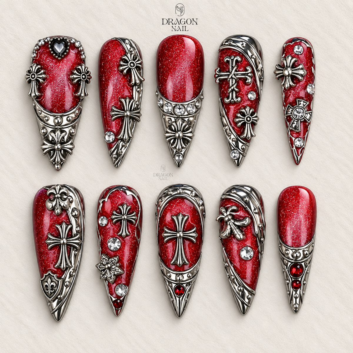 Gothic Red Glitter Chrome Cross Heavy Metal Stiletto Press On Nails