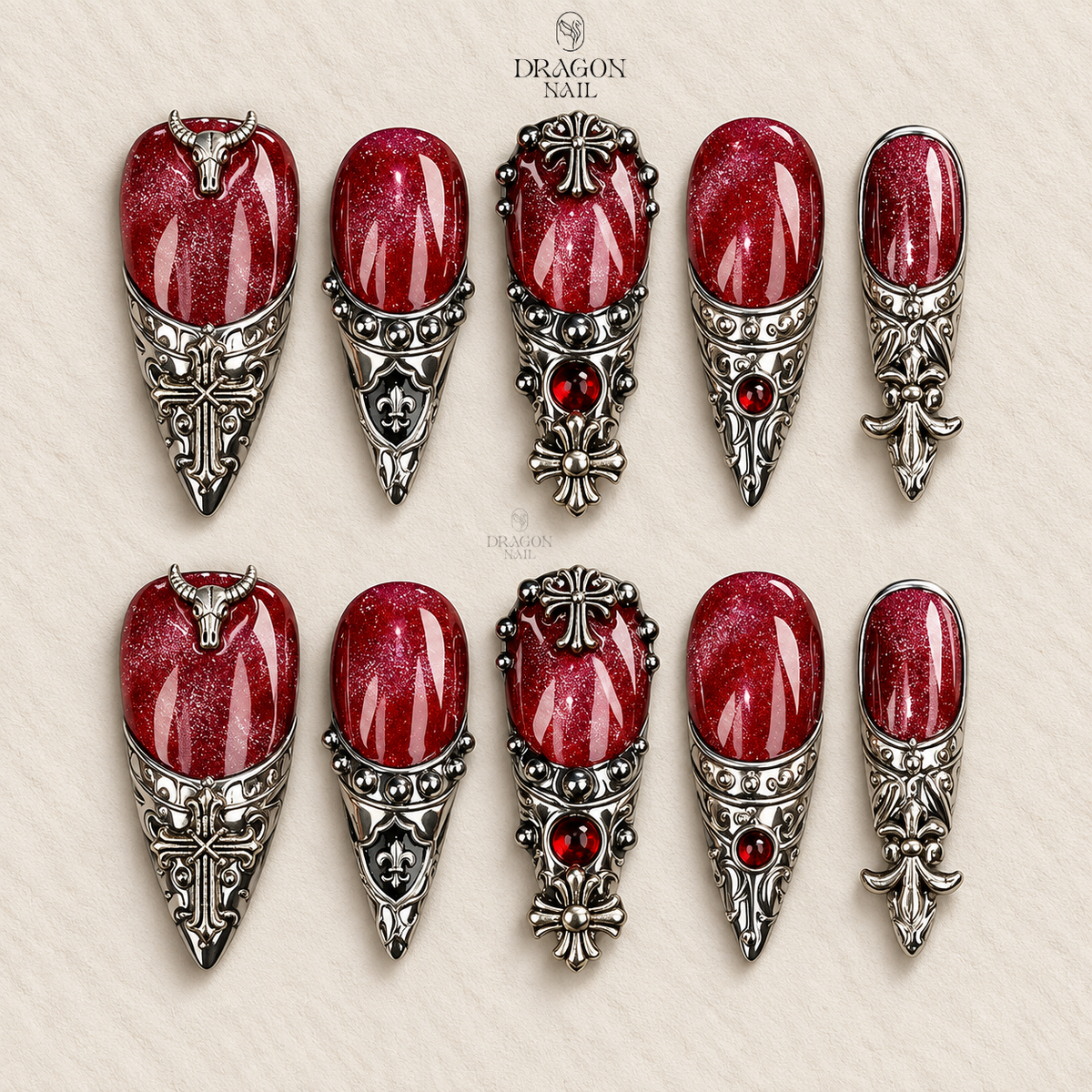 Gothic Red Glitter Silver Ornate Edgy Stiletto Press On Nails