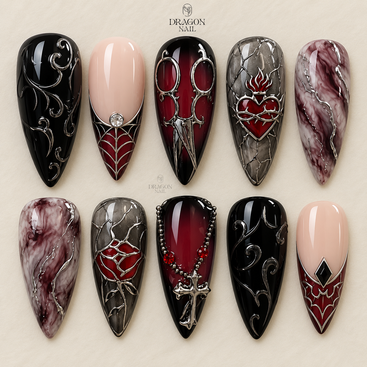 Gothic Romance Dark Elegant Heart Drama Press On Nails
