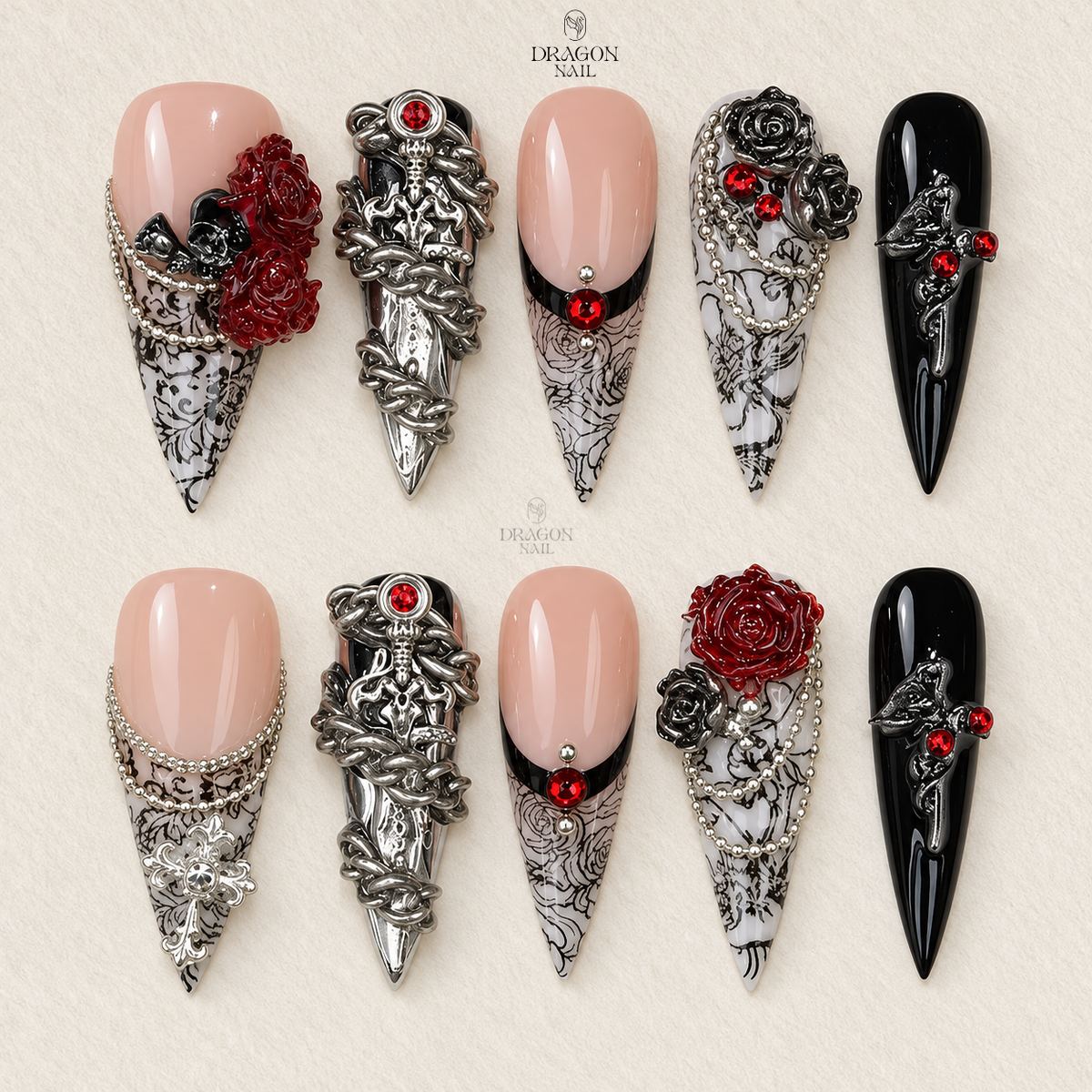 Gothic Rose Dagger Crystal Ornate Dark Romance Press On Nails