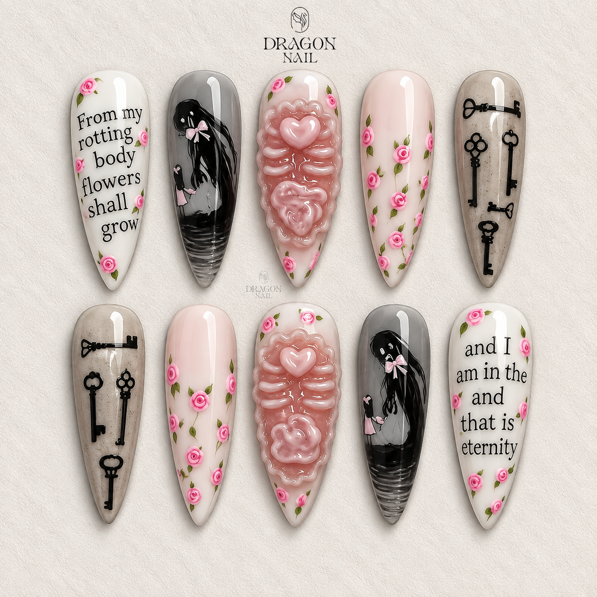 Gothic Rose Pink 3D Heart Spine Design with Vintage Keys and Romantic Quote