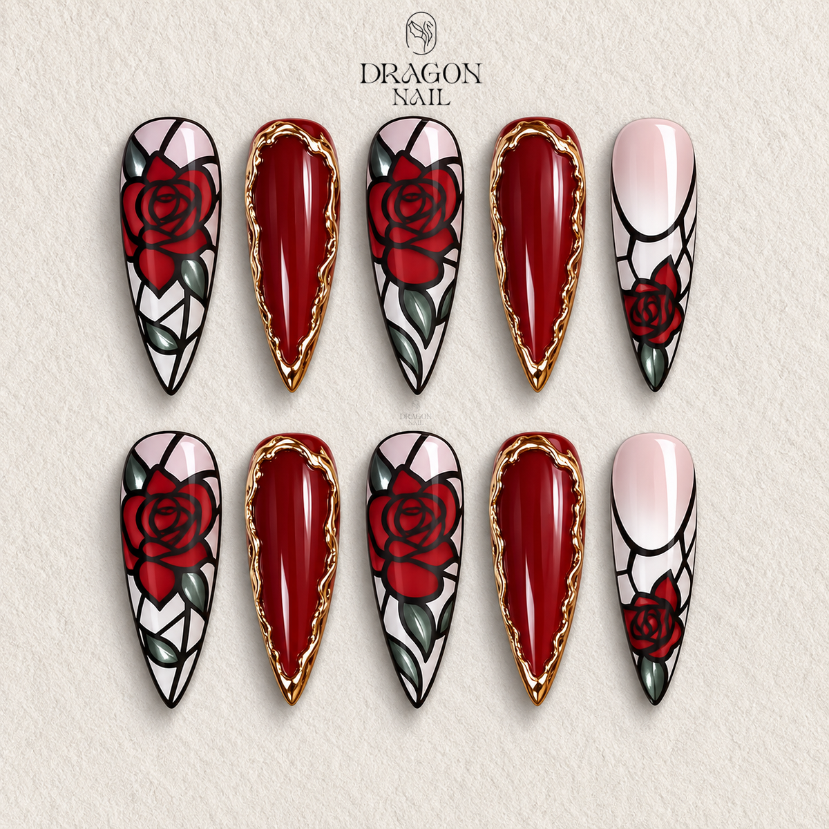 Gothic Rose Valentine Nails, Blood Red Gold Frame Press-On Nail Set