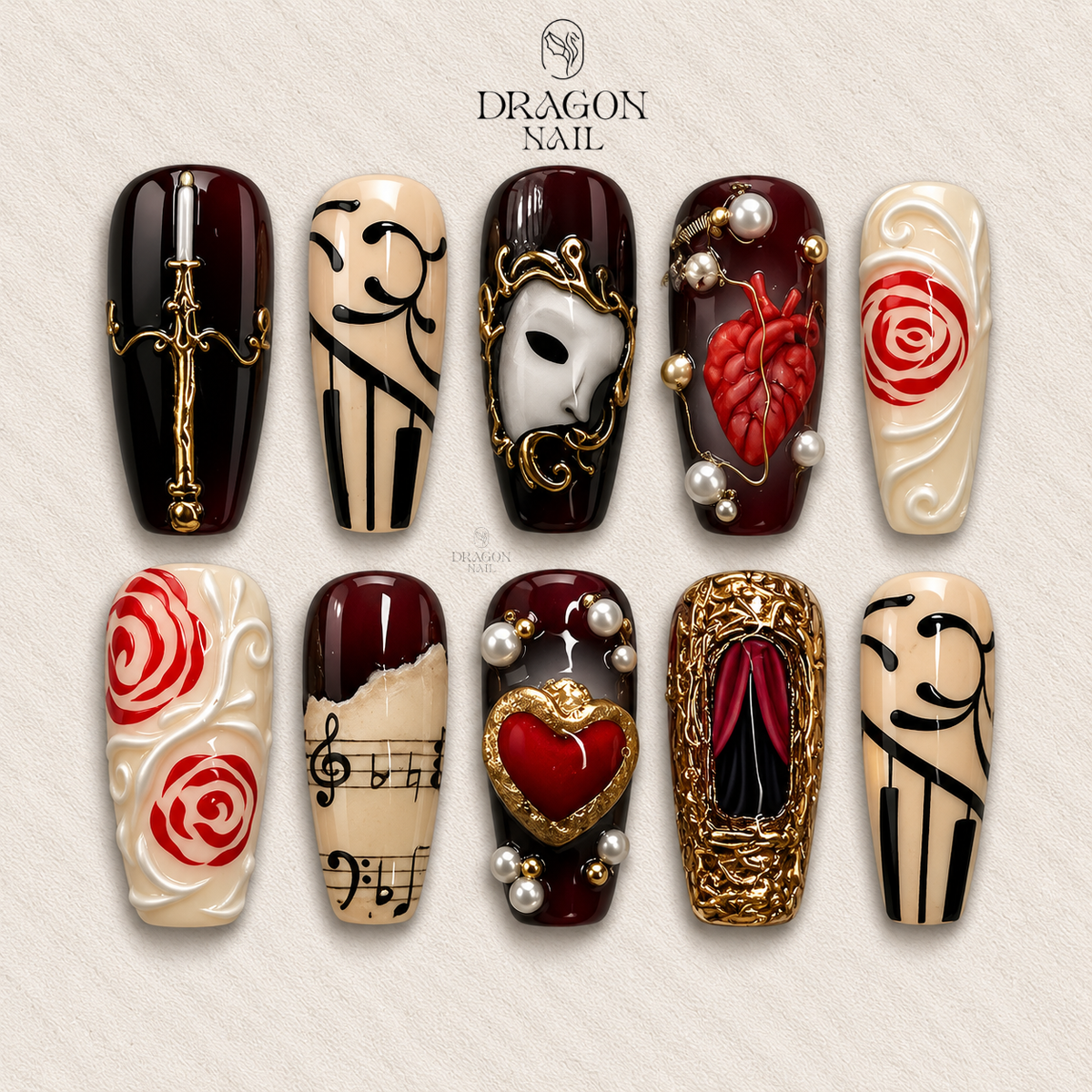 Gothic Sacred Art Nails, Dark Burgundy Gold Press-On Nail Set With Roses & Hearts, Limited Edition