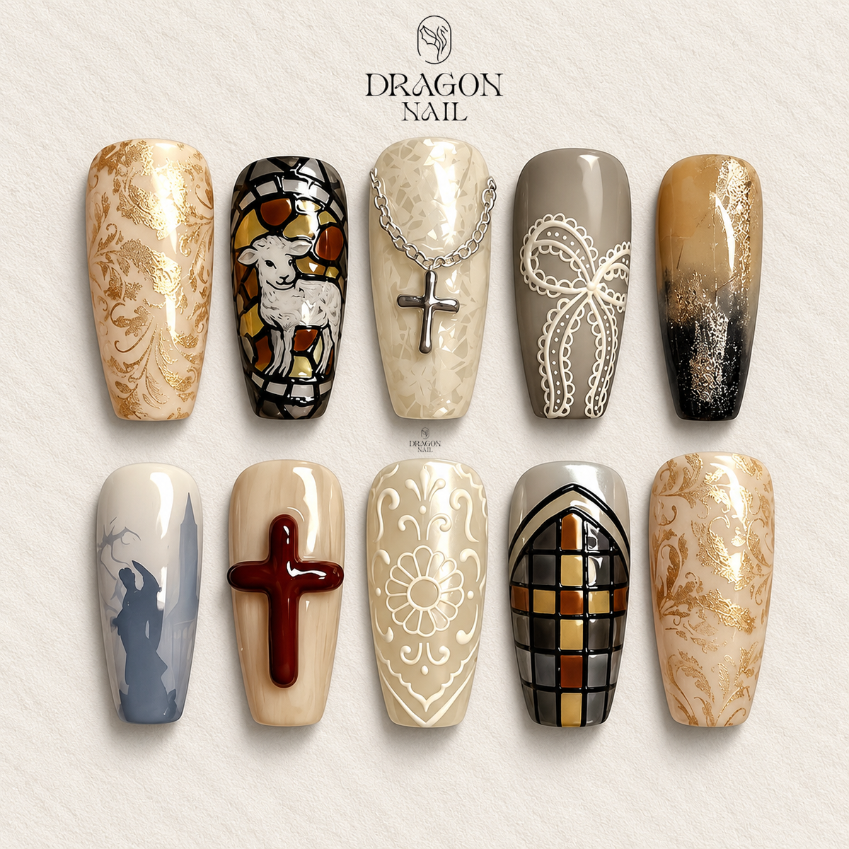 Gothic Sacred Neutral Nails, Ivory Gray Press-On Nail Set With Cross & Lace Art, Limited Edition