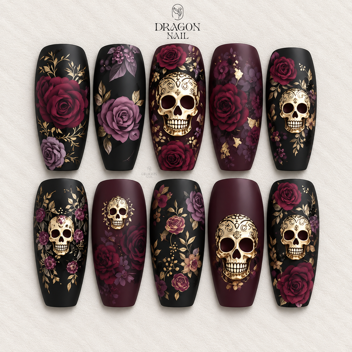 Gothic Skull Rose Nails, Black Burgundy Gold Press-On Nail Set With Floral Art, Limited Edition
