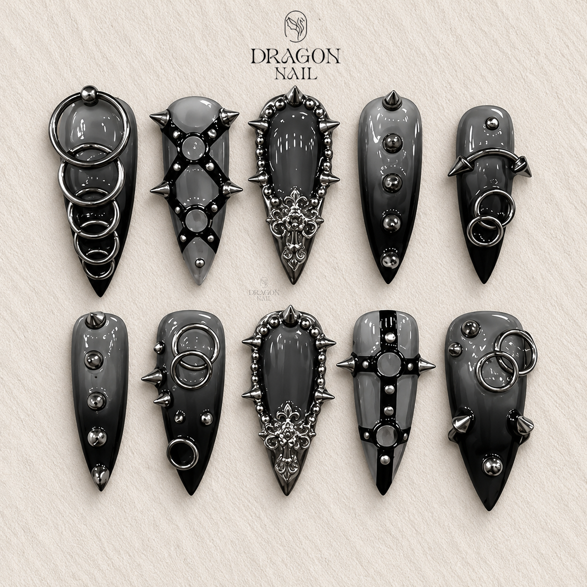 Gothic Spike Chain Metal Ring Statement Press On Nails