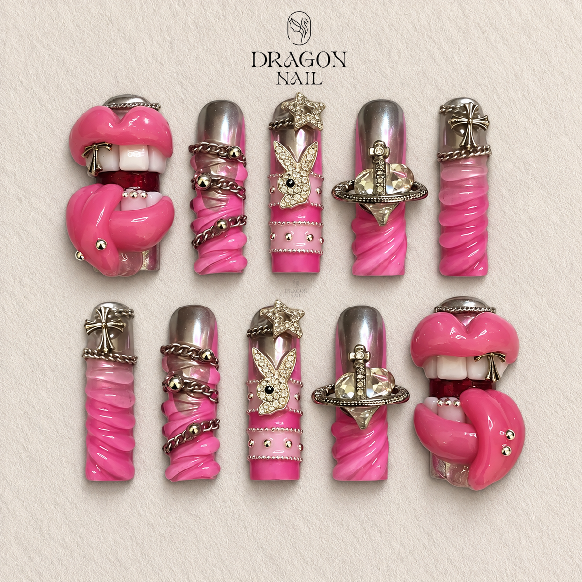Gothic Valentine Nails, Red Glitter Press-On Set With Cross & Bow Art, Limited Edition | Dragonnail
