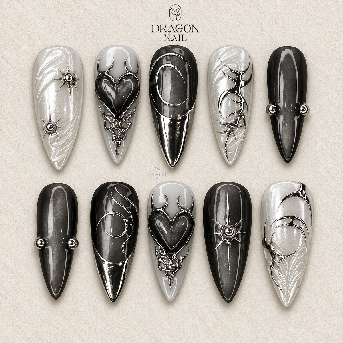 Gothic Black Chrome Heart Press On Nails