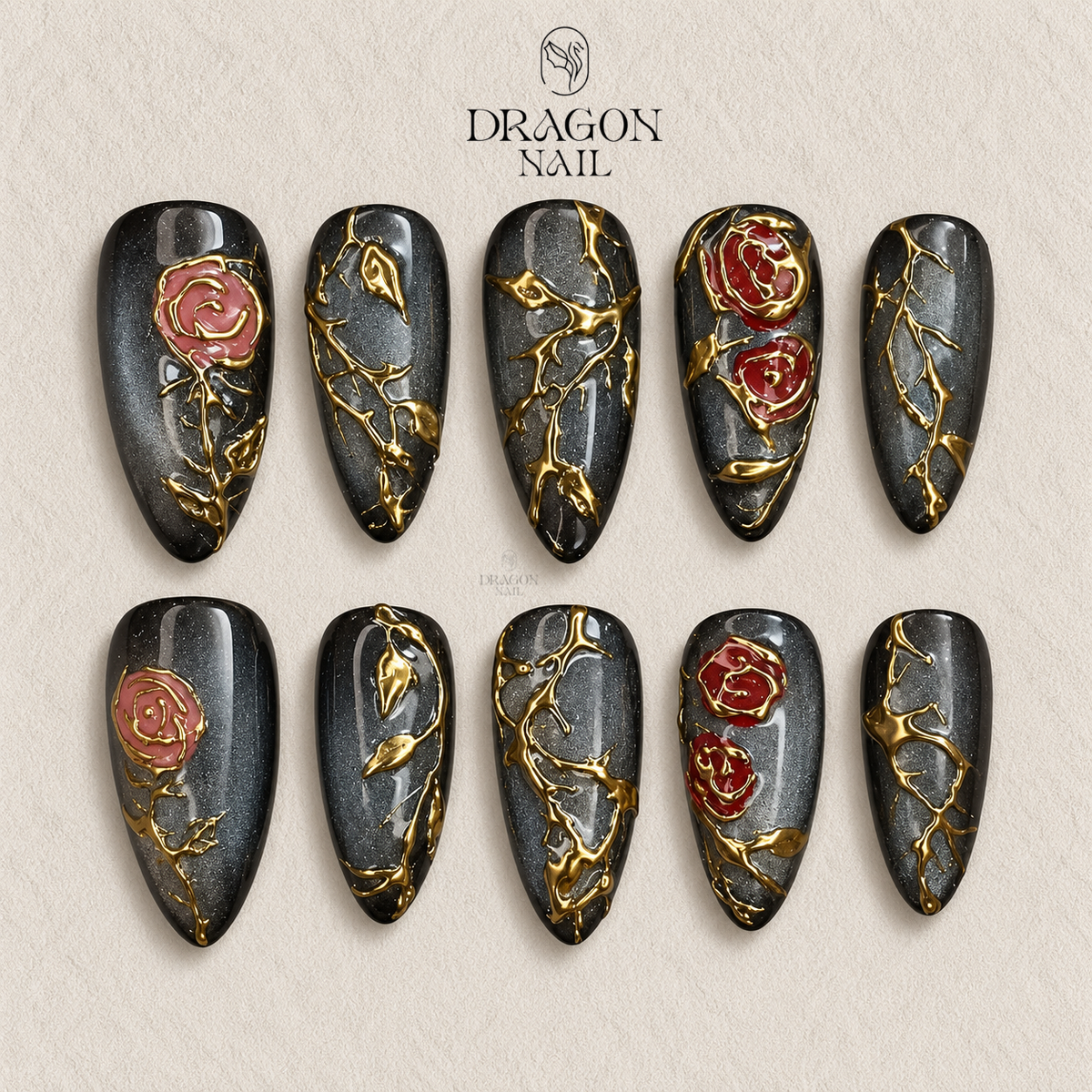 Gothic Black Rose Smoky Gold Press On Nails