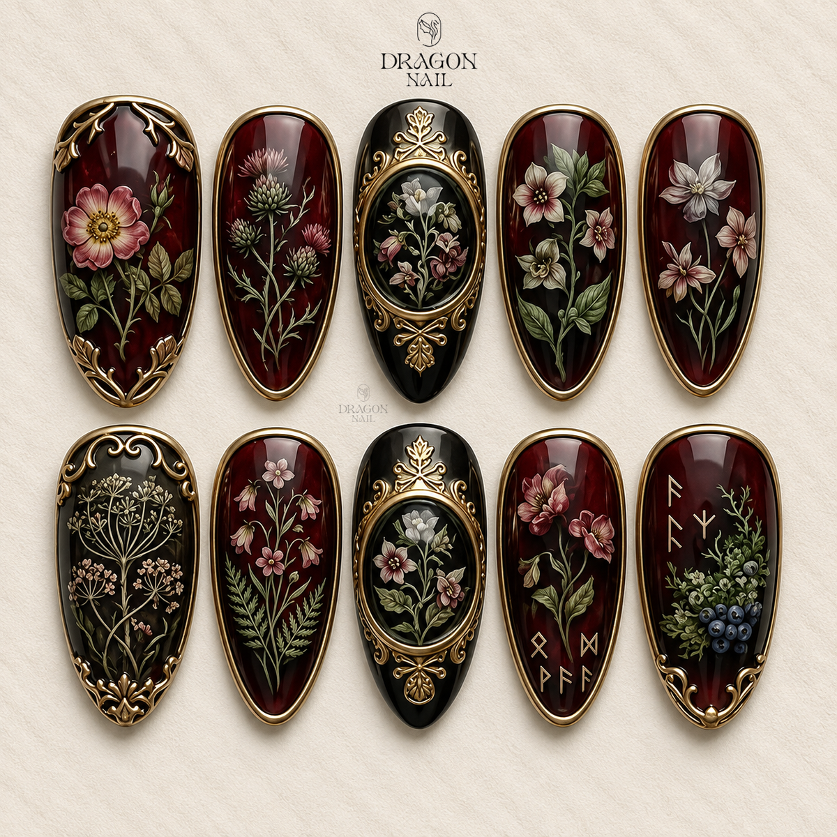 Gothic Botanical Dark Floral 3D Elegant Press On Nails