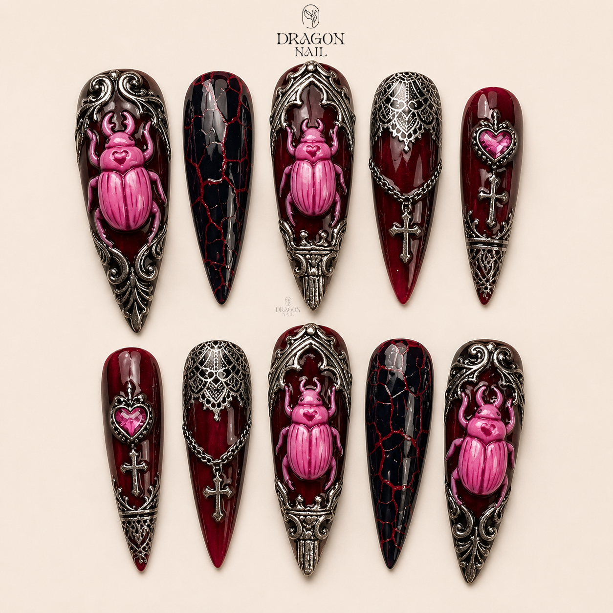 Gothic Burgundy Scarab Beetle Dark Ornate Press On Nails