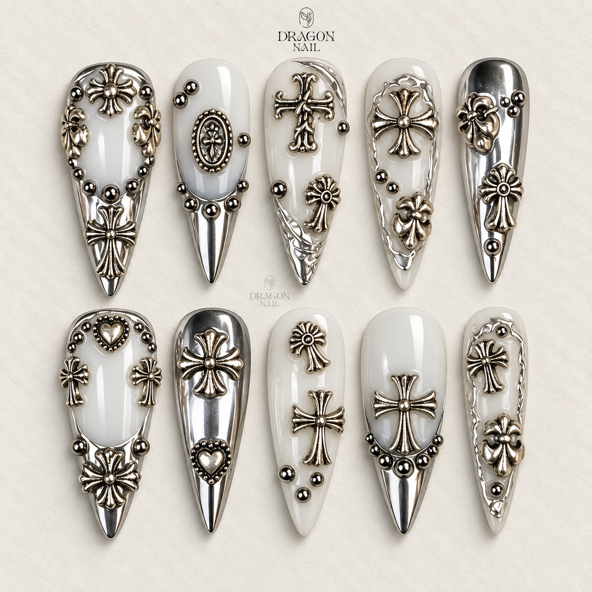 Gothic Chrome Heart Cross Metallic Edgy Stiletto Press On Nails