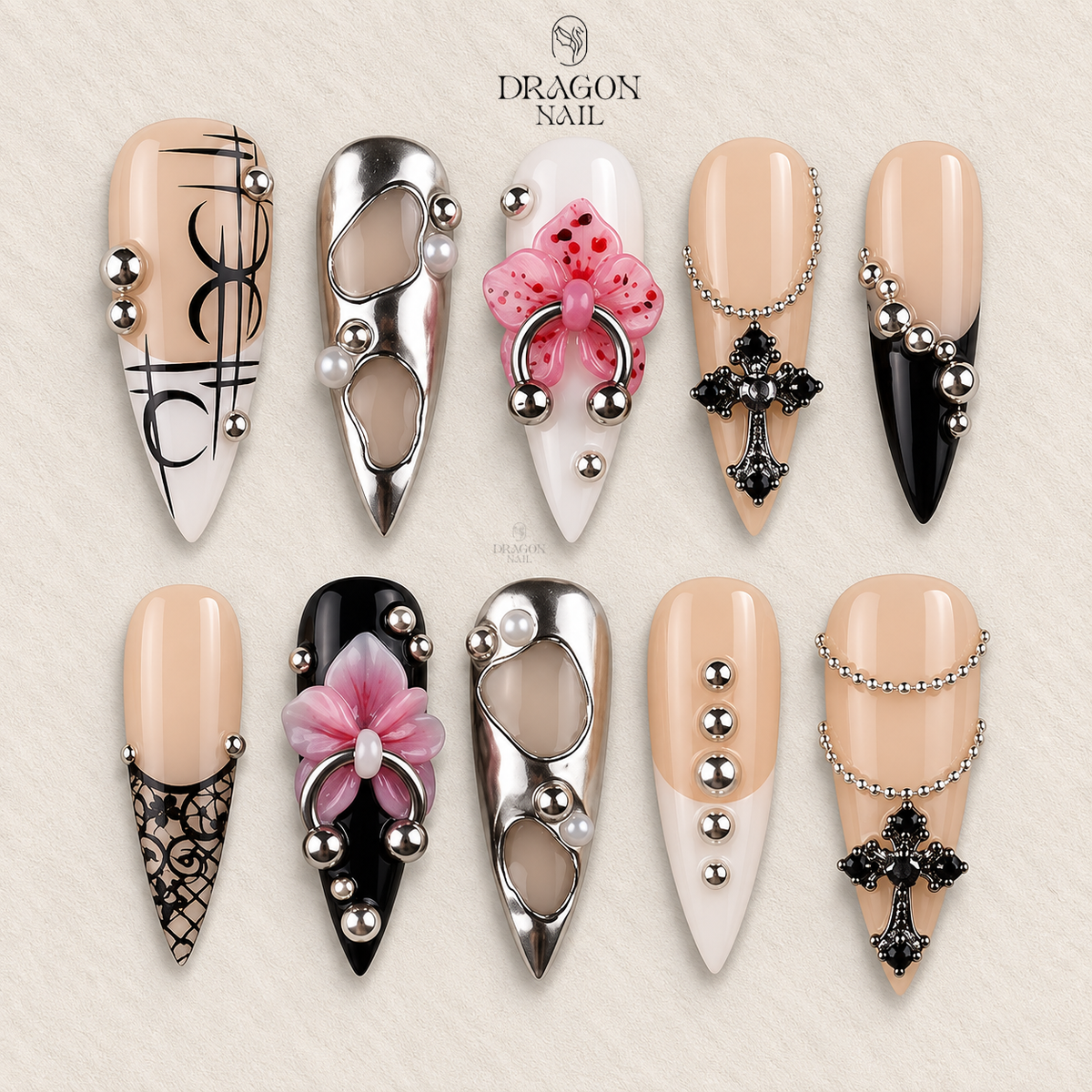 Gothic Cross Floral 3D Long Stiletto Press On Nails