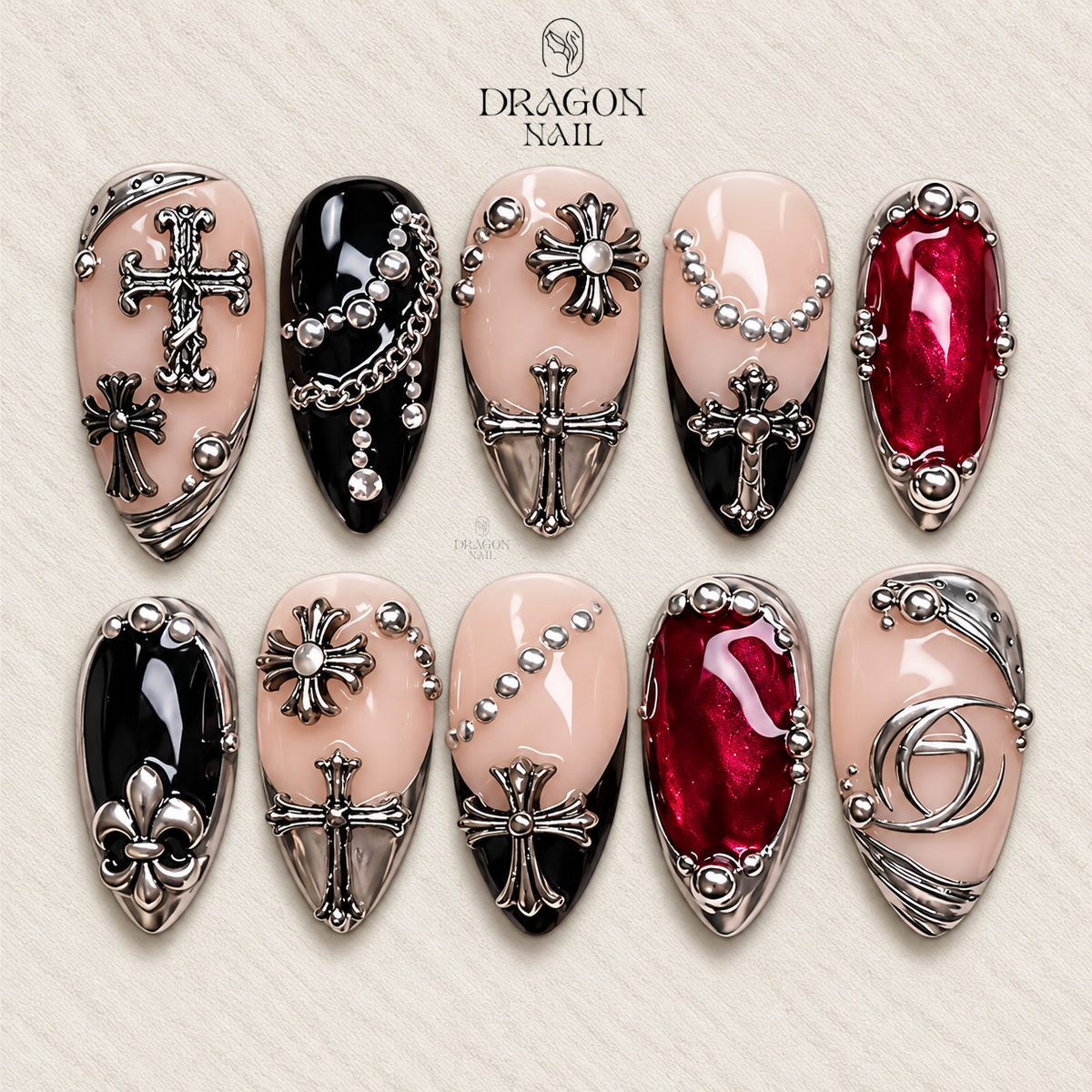 Gothic Cross Nails, Black Red Chrome Press-On Set With 3D Silver Charms, Limited Edition