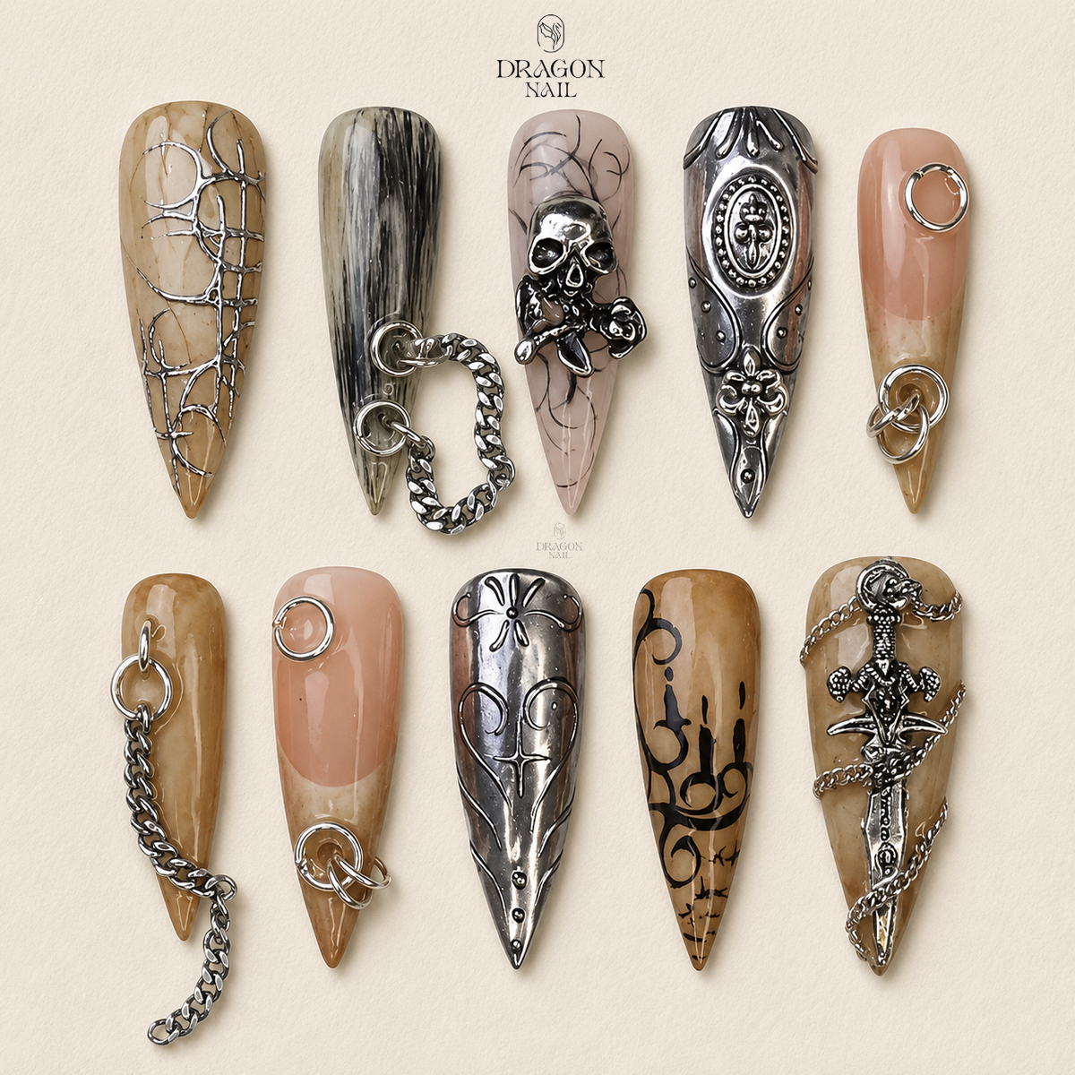 Gothic Halloween Chain Skull Sword 3D Stiletto Press On Nails