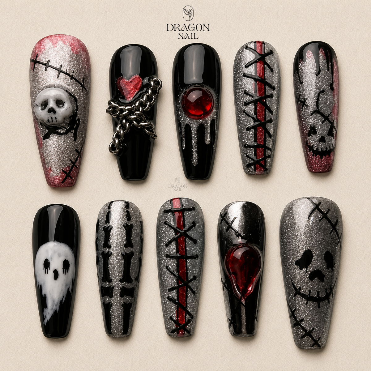 Gothic Horror Skull Bloody Chain Halloween Press On Nails