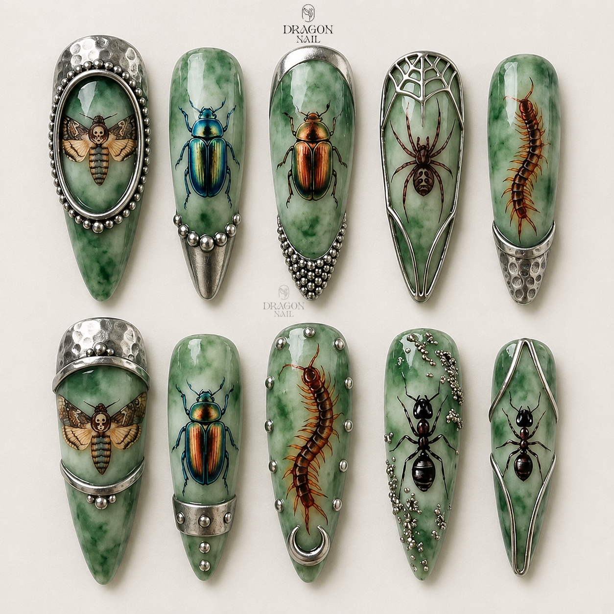 Gothic Jade Beetle Insect Ornate Green Press On Nails