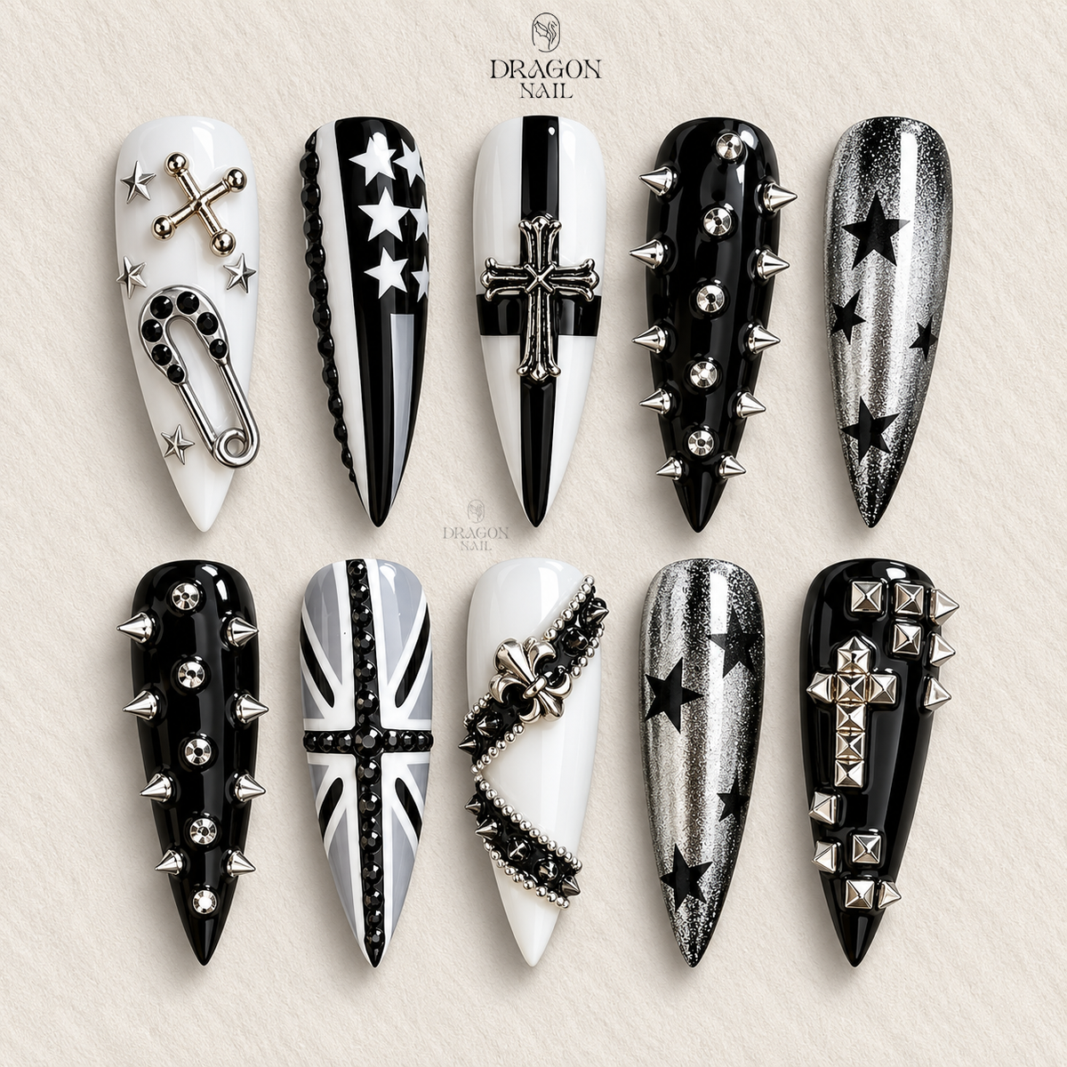 Gothic Punk Cross Stud Stiletto Press On Nails