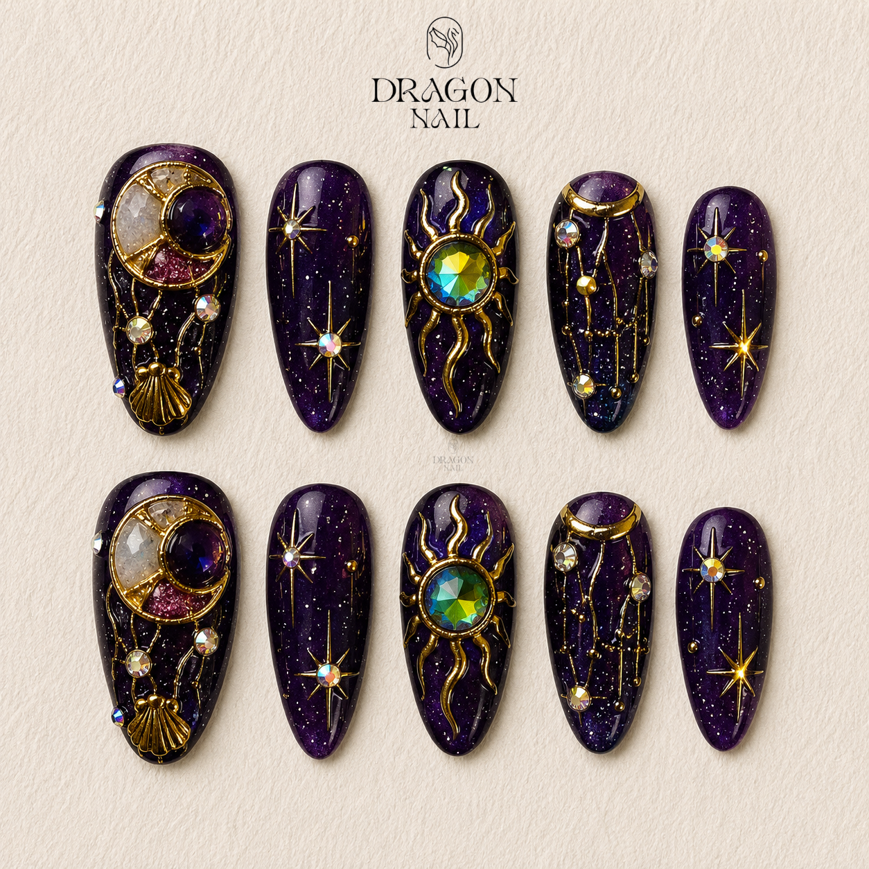 Gothic Purple Aura Star Moon Almond Press On Nails