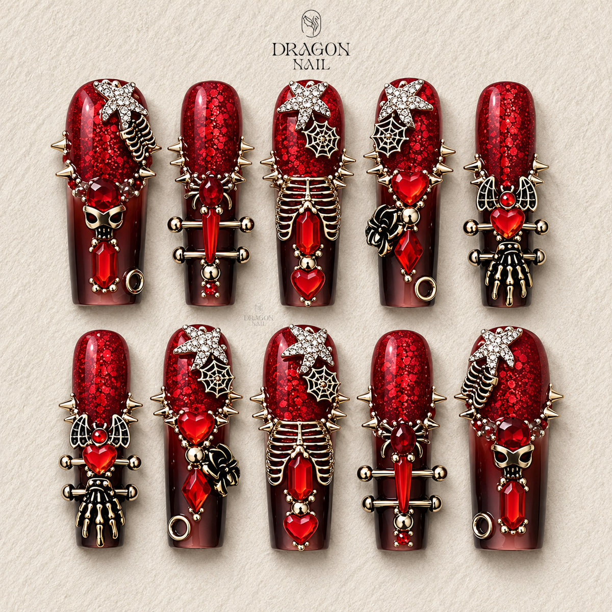 Gothic Red Skeleton Press-On Nails, Dark Vampire Crystal Nail Art Set, Limited Edition
