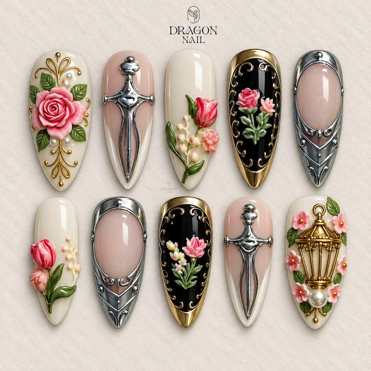 Gothic Rose Cross Nails, Ivory Black Luxury Press-On Nail Set With Sword & Floral Art, Limited Edition