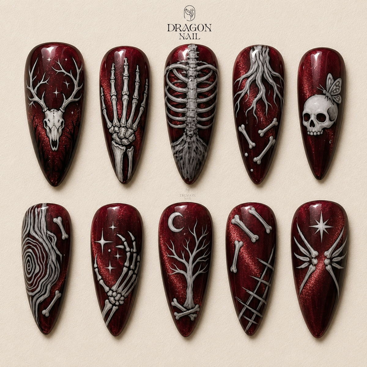 Gothic Skeleton Burgundy Chrome Dark Witchy Press On Nails
