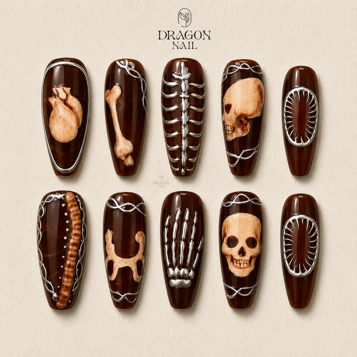 Gothic Skeleton Skull 3D Almond Statement Press On Nails