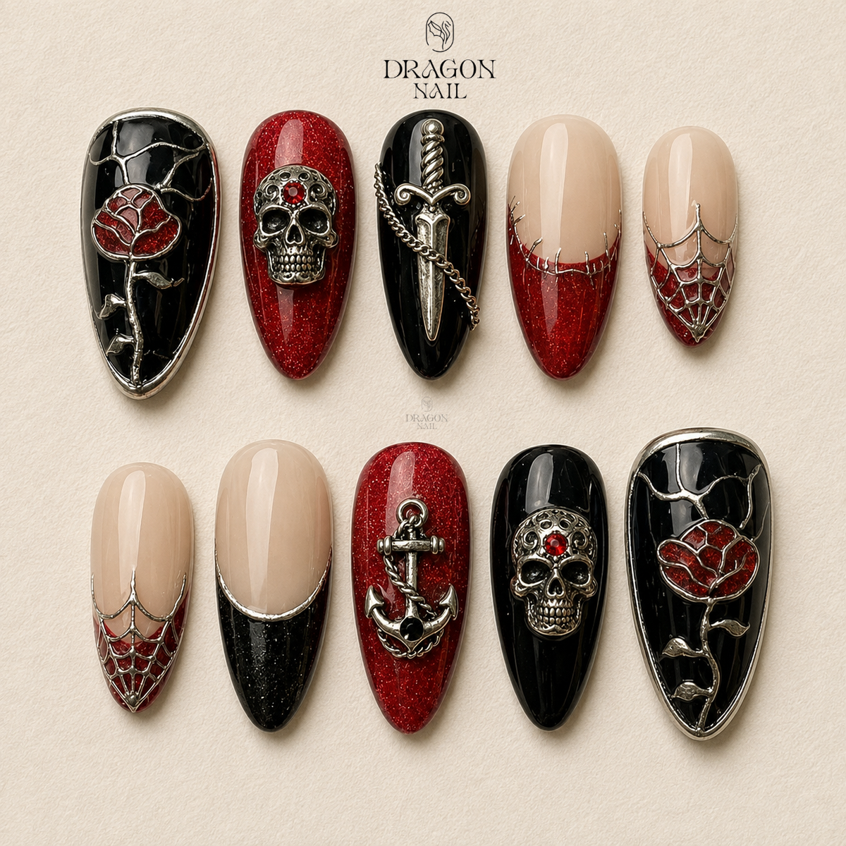 Gothic Skull Dagger Rose Spider Web Dark Red Black Almond Press On Nail
