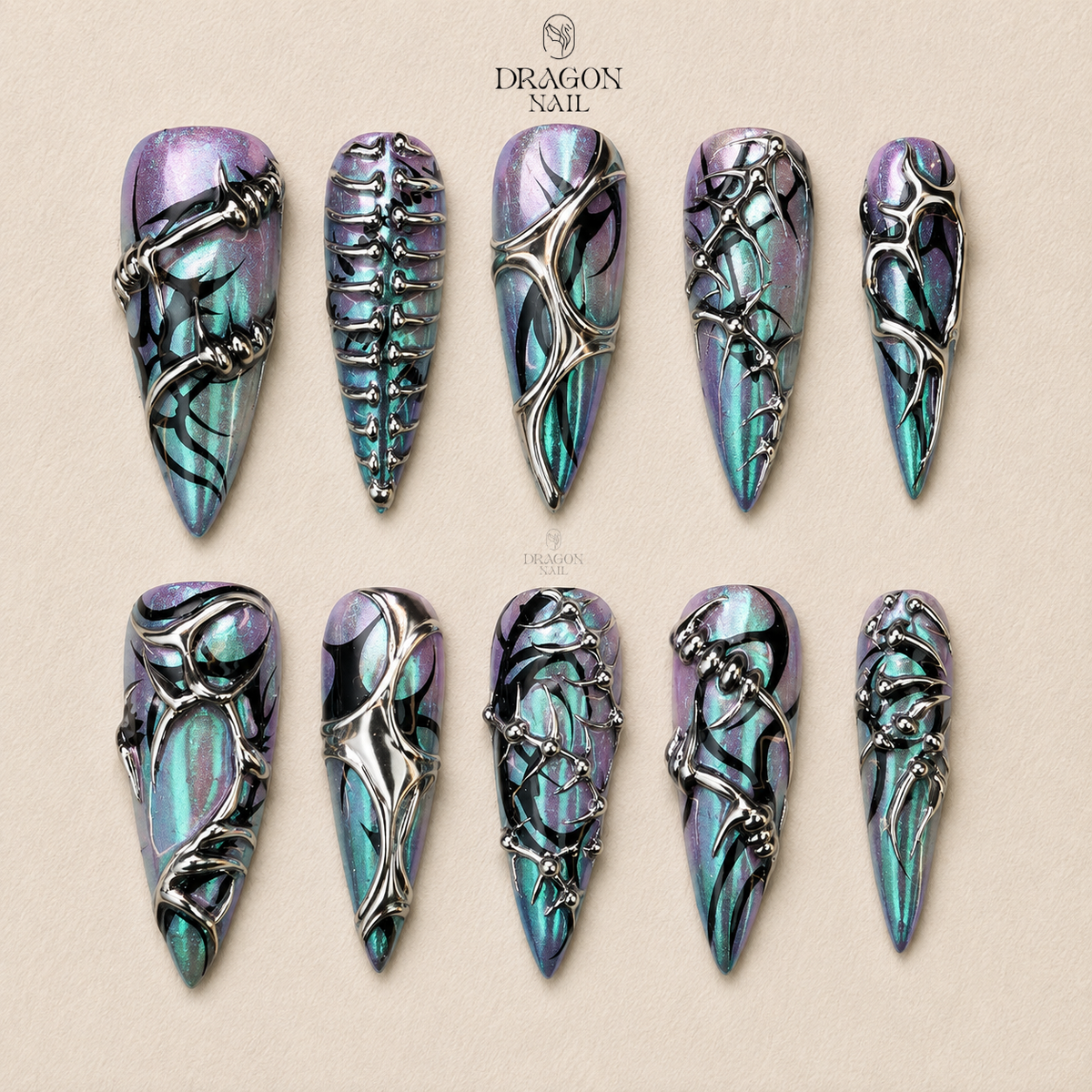 Gothic Thorn Iridescent Metallic Edgy Stiletto Press On Nails