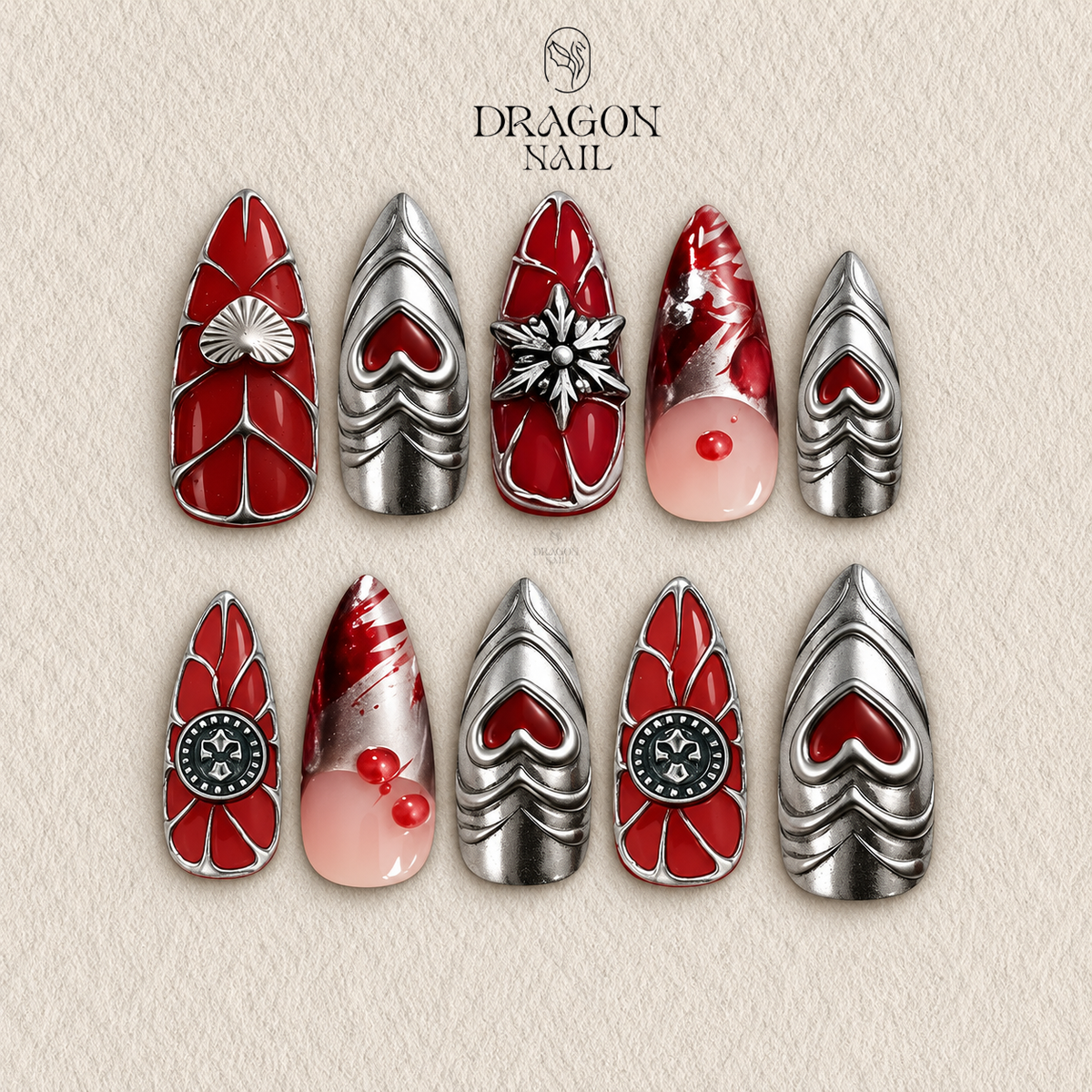 Gothic Valentine Nails, Metallic Silver Red Heart Press-On Set With 3D Chrome Layers, Limited Edition