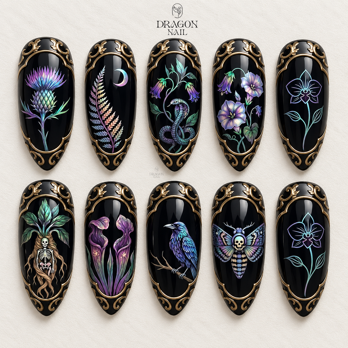 Gothic Witchy Botanical Snake Crow Moth Dark Press On Nails