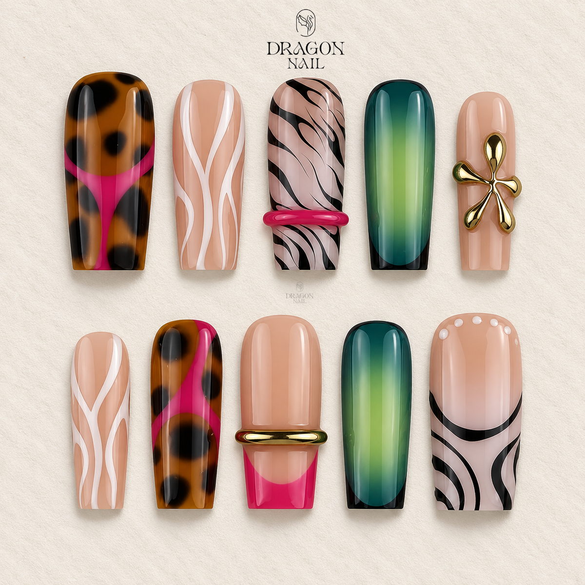 Green Ombre Leopard Gold Accent Long Square Press On Nails
