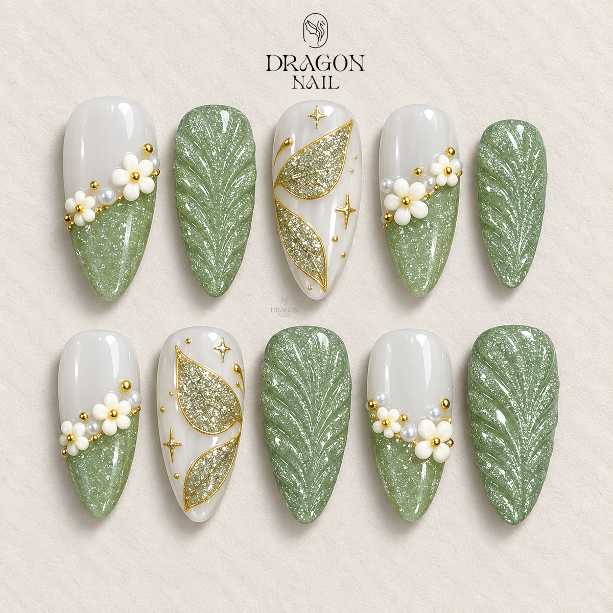 Green Cat Eye Butterfly Floral Press On Nails