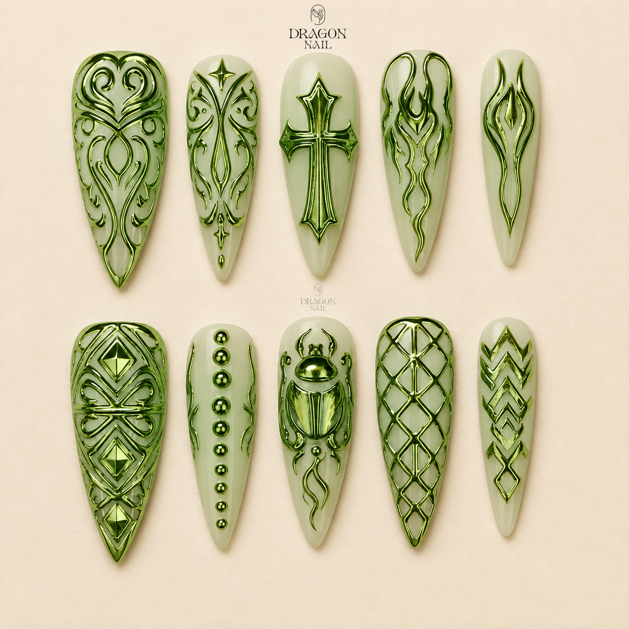 Green Chrome Tribal Gothic Metallic Edge Press On Nails