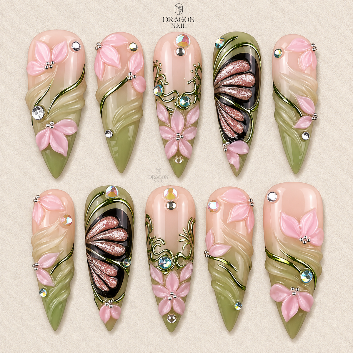 Green Swirl Floral Butterfly Stiletto Press On Nails