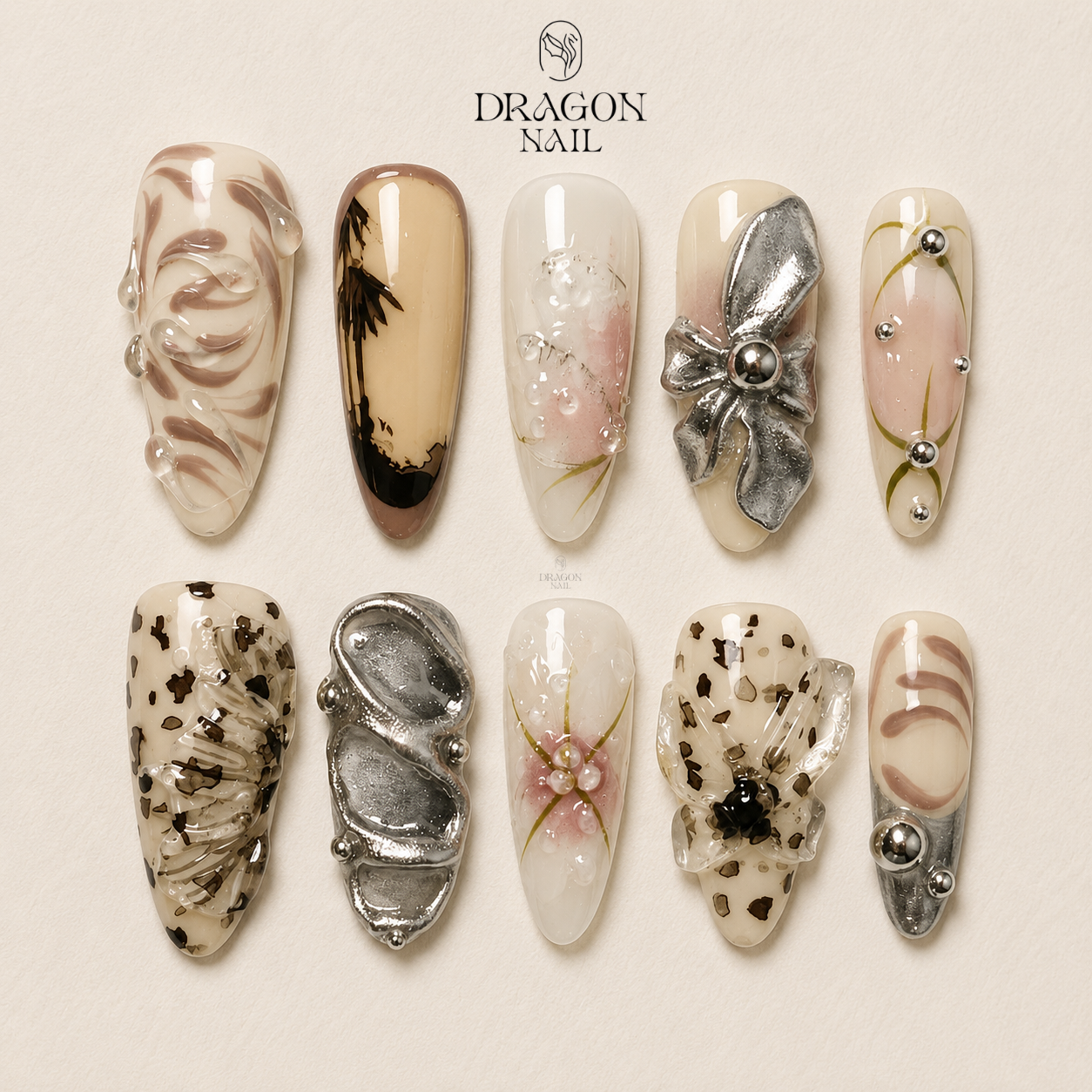Hand-Painted Floral Bow Romantic Coquette Press On Nails