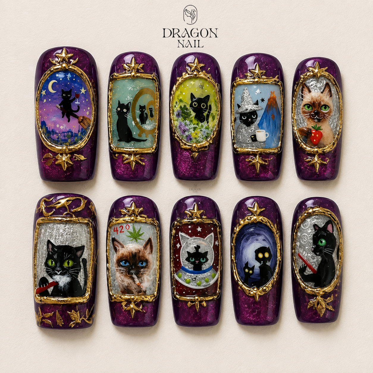 Hand-Painted Witchy Black Cat Mystical Gothic Press On Nails