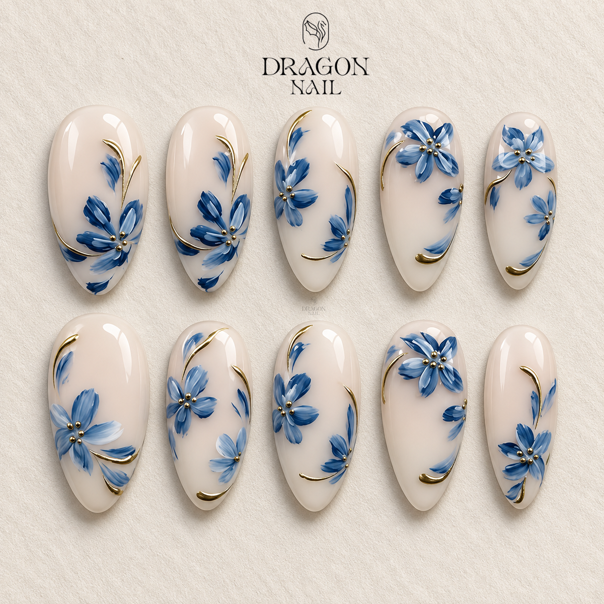 Handmade Blue Floral Elegant Soft Blossom Press On Nails