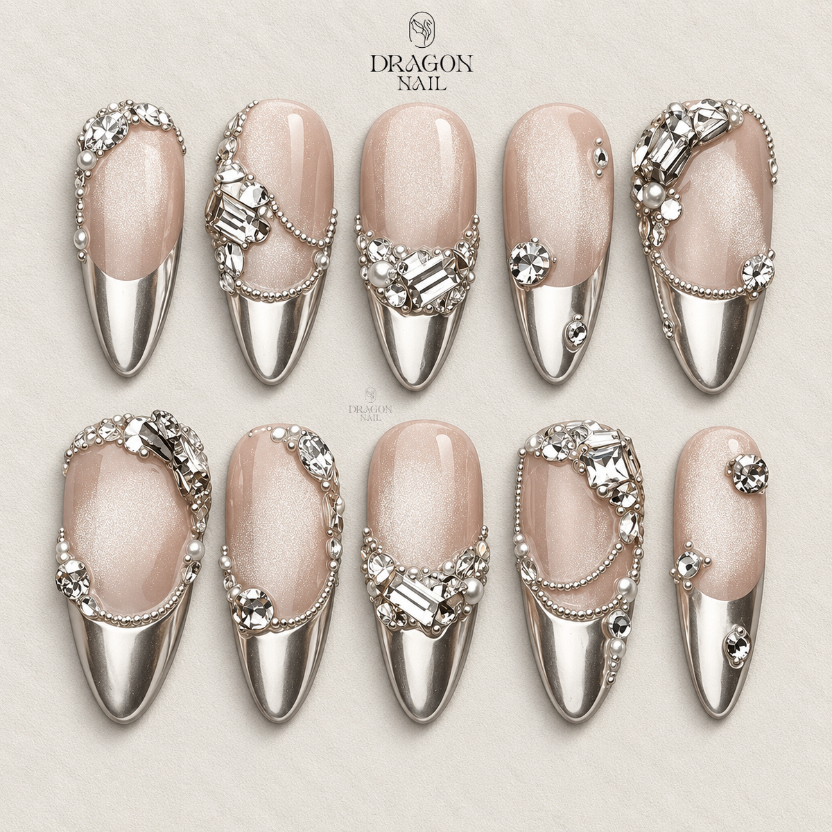 Handmade Silver Chrome 3D Crystal Jewel Chain Press On Nails Long Almond Luxury Set