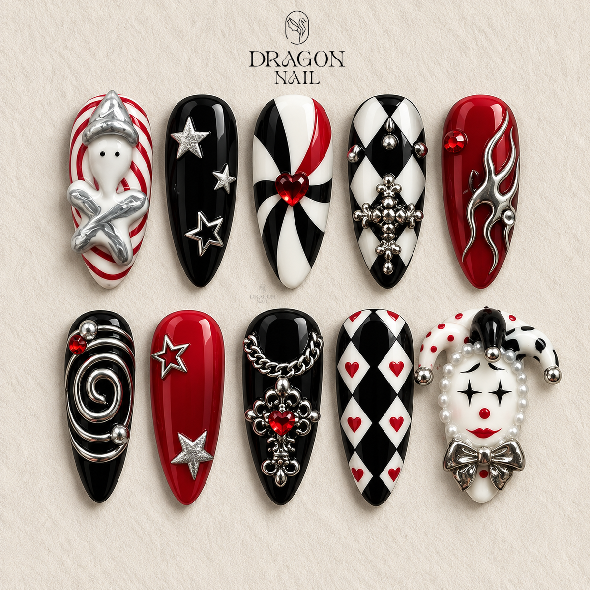 Harlequin Clown Press On Nails, Red and Black Gothic Clown