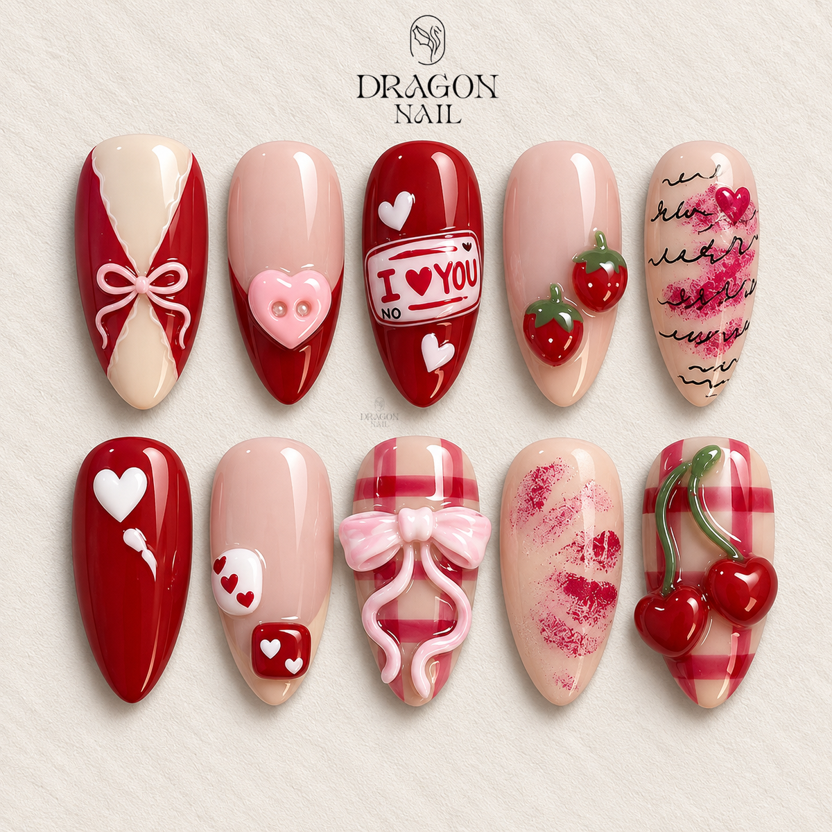 I Love You Valentine Press-On Nails, Red Ribbon Bow & Cherry Kiss Design
