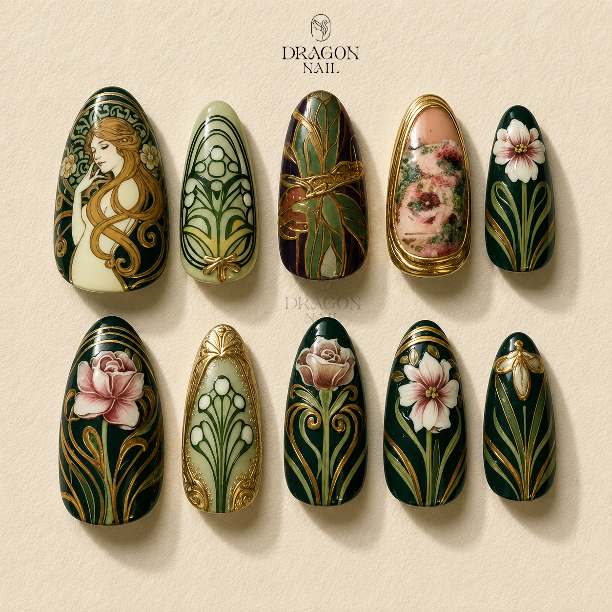 Vintage Green Floral Gold Detail Elegant Press On Nails