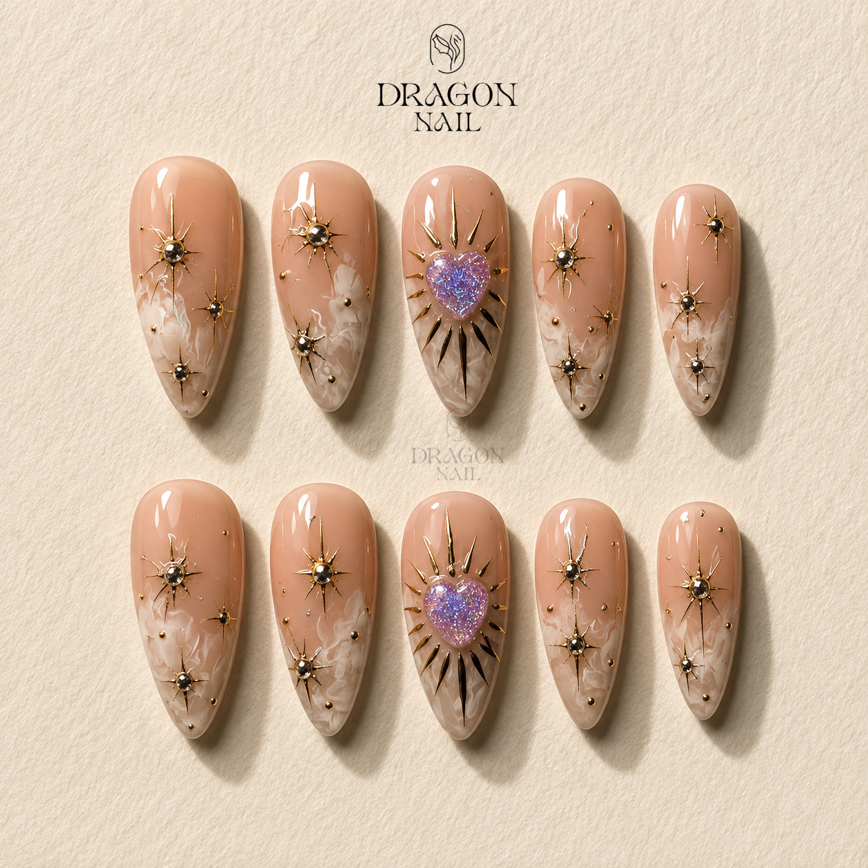 Iridescent Heart Glossy Medium Almond Press On Nails