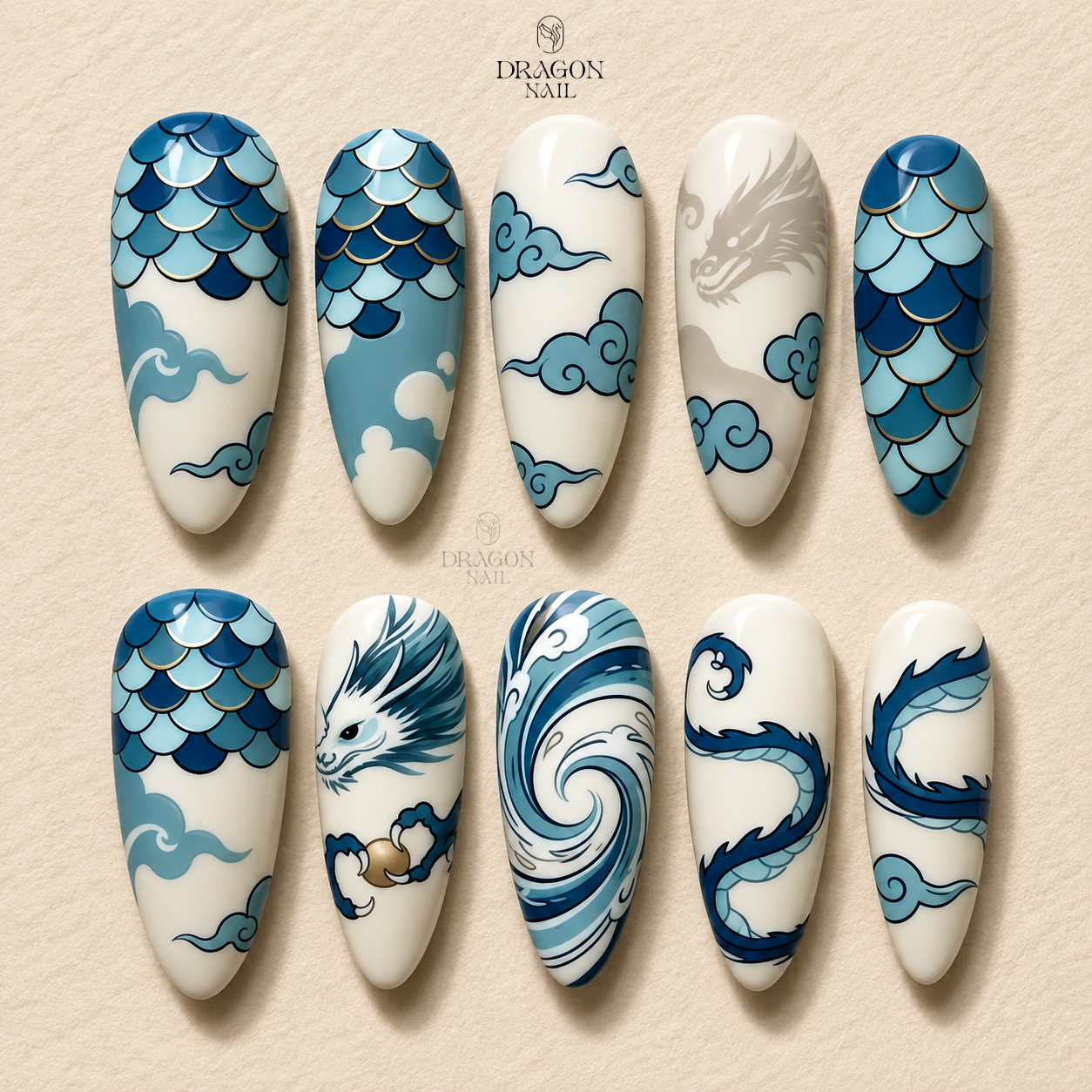 Handmade Blue White Dragon Wave Japanese Ocean Press On Nails