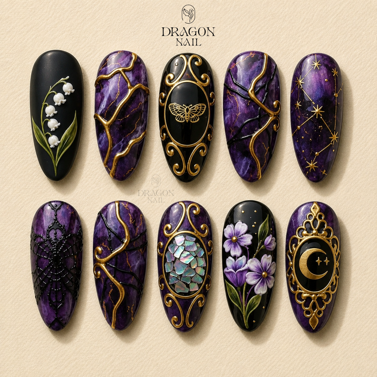 Gothic Purple Amethyst Gold Baroque Witchy Press On Nails