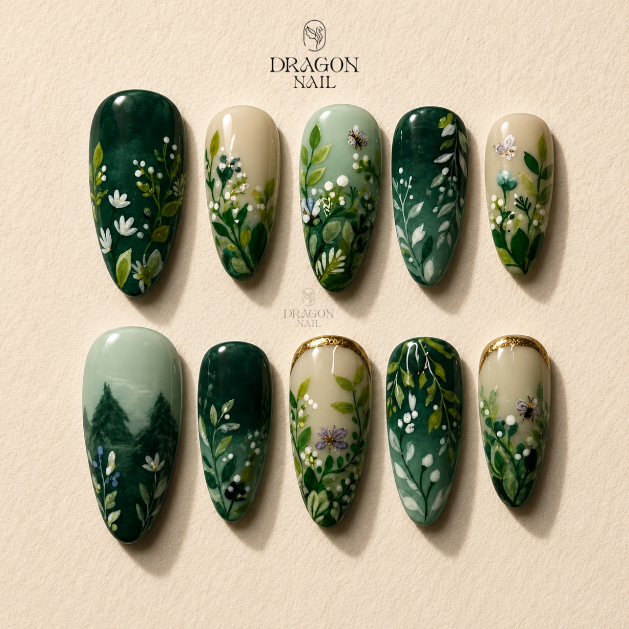 Deep Forest Moss Ombre Botanical Floral Press On Nails