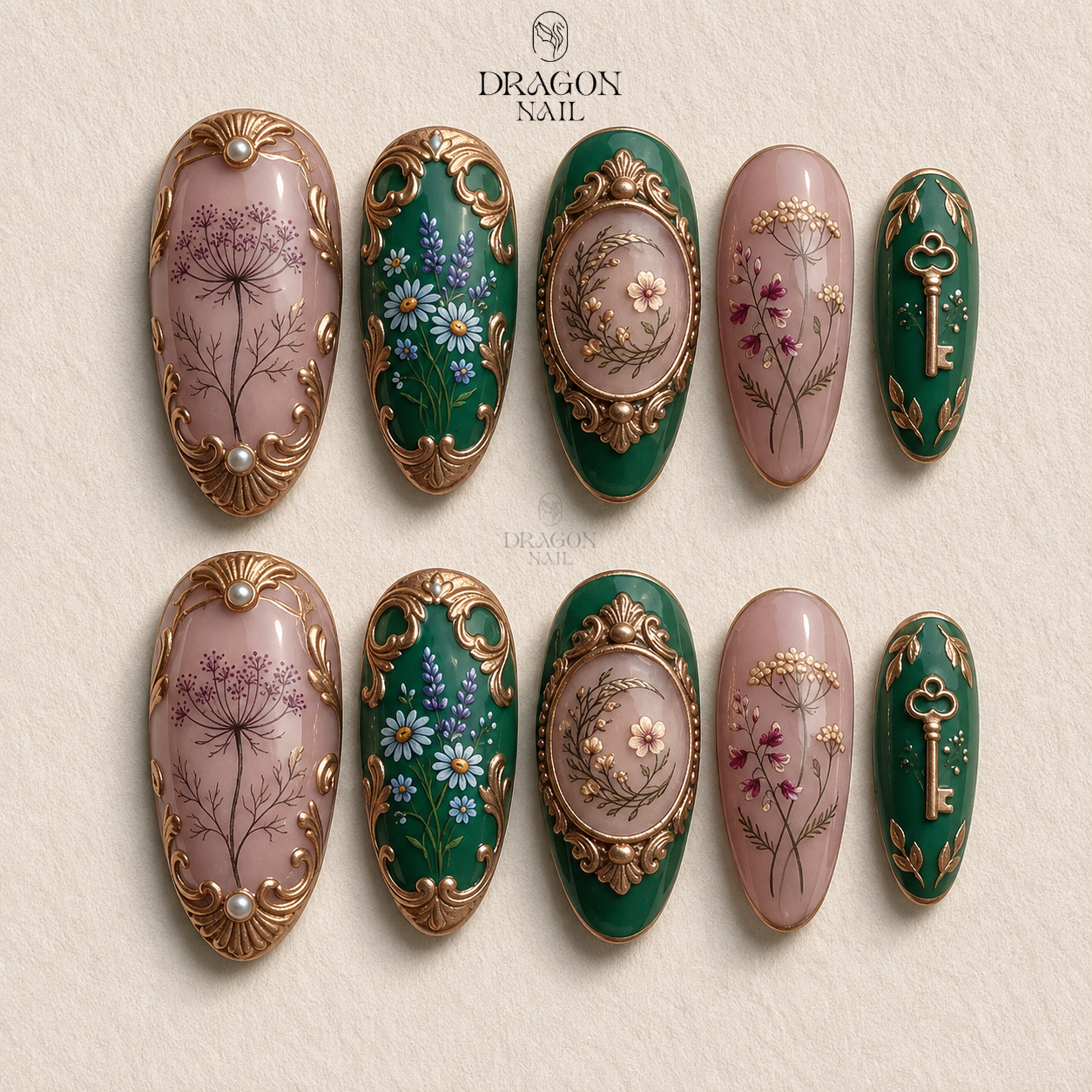 Emerald Art Nouveau Floral Gold Elegant Press On Nails