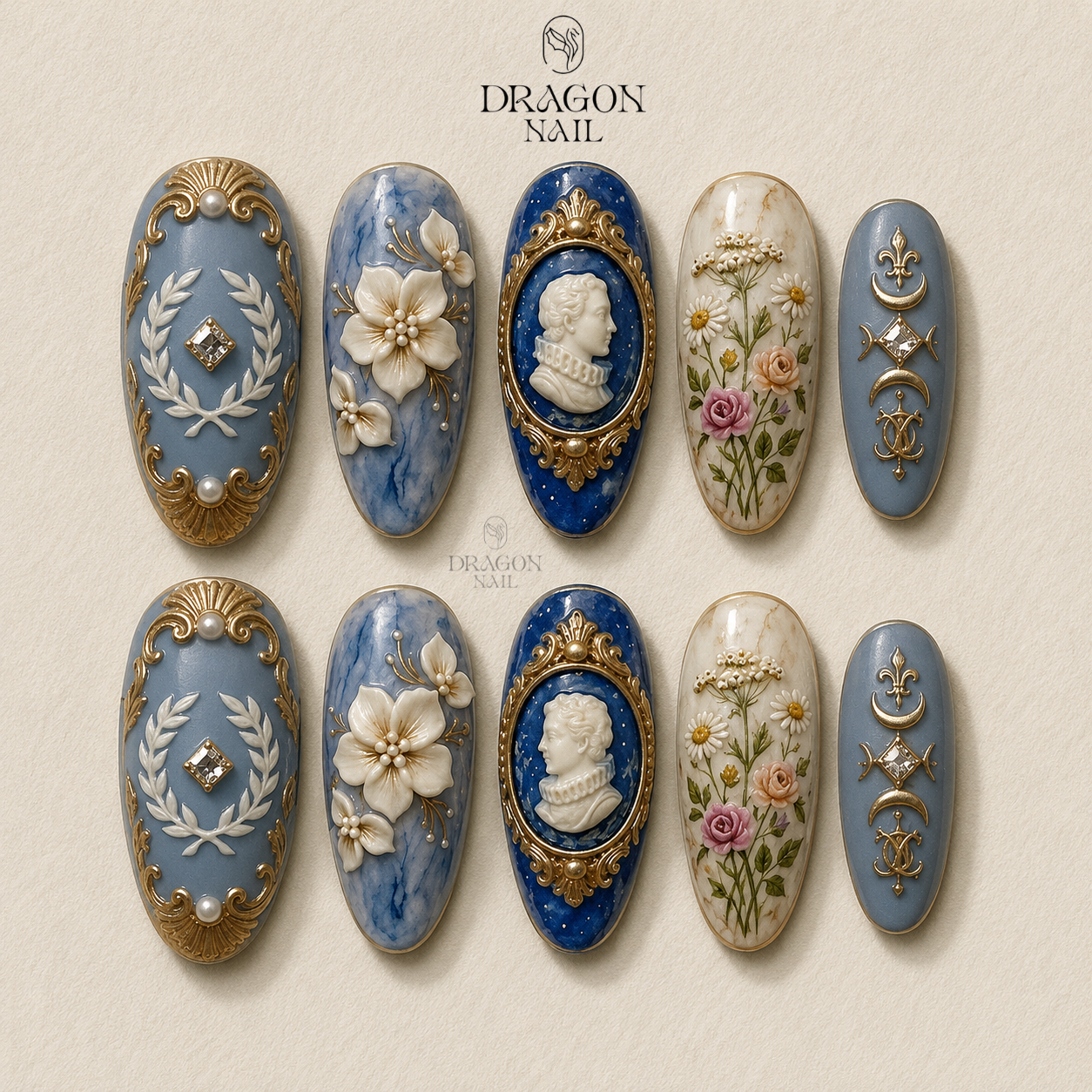 Antique Cameo Portrait Gold Ivory Luxury Press On Nails