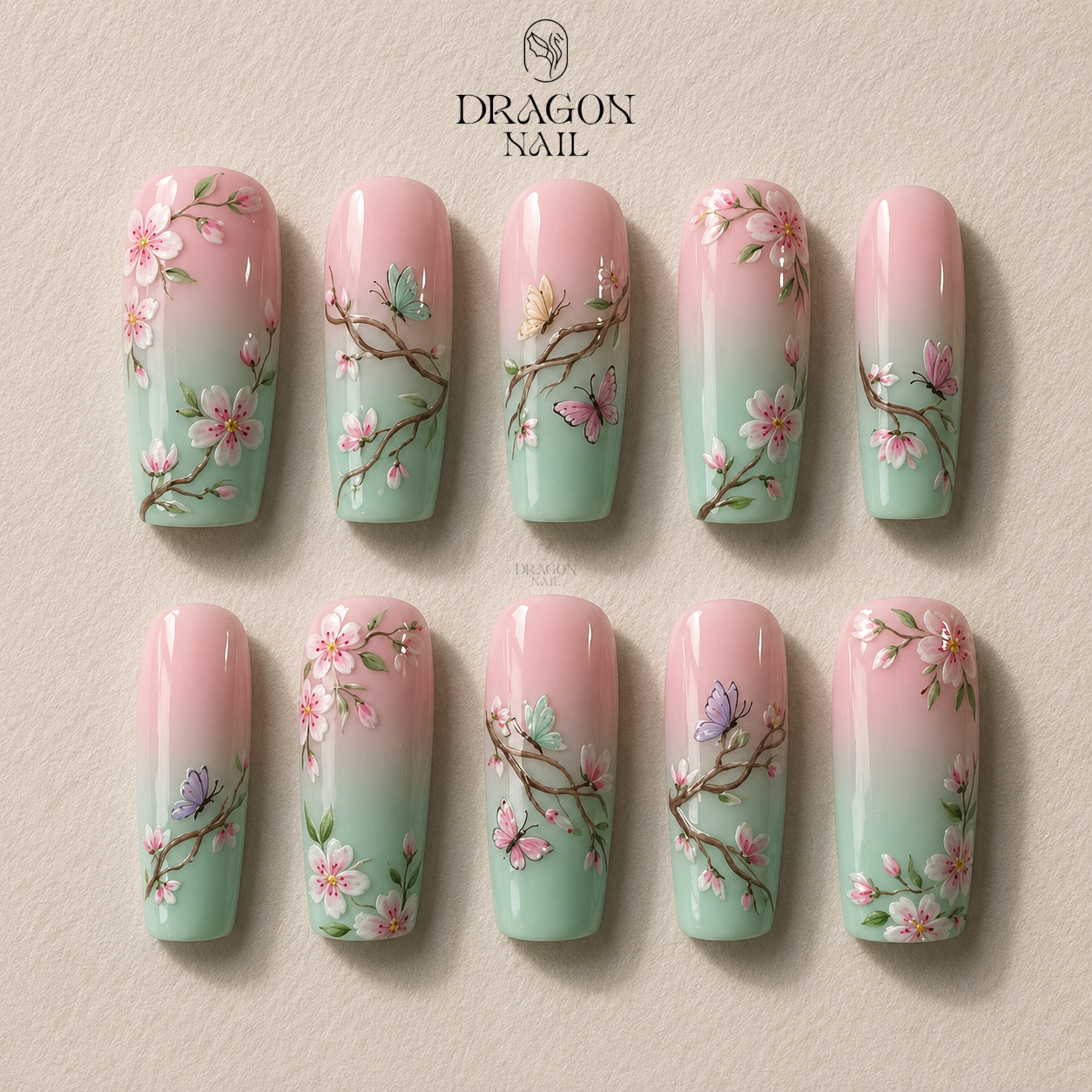 Soft Pink Green Ombre Floral Spring Press On Nails