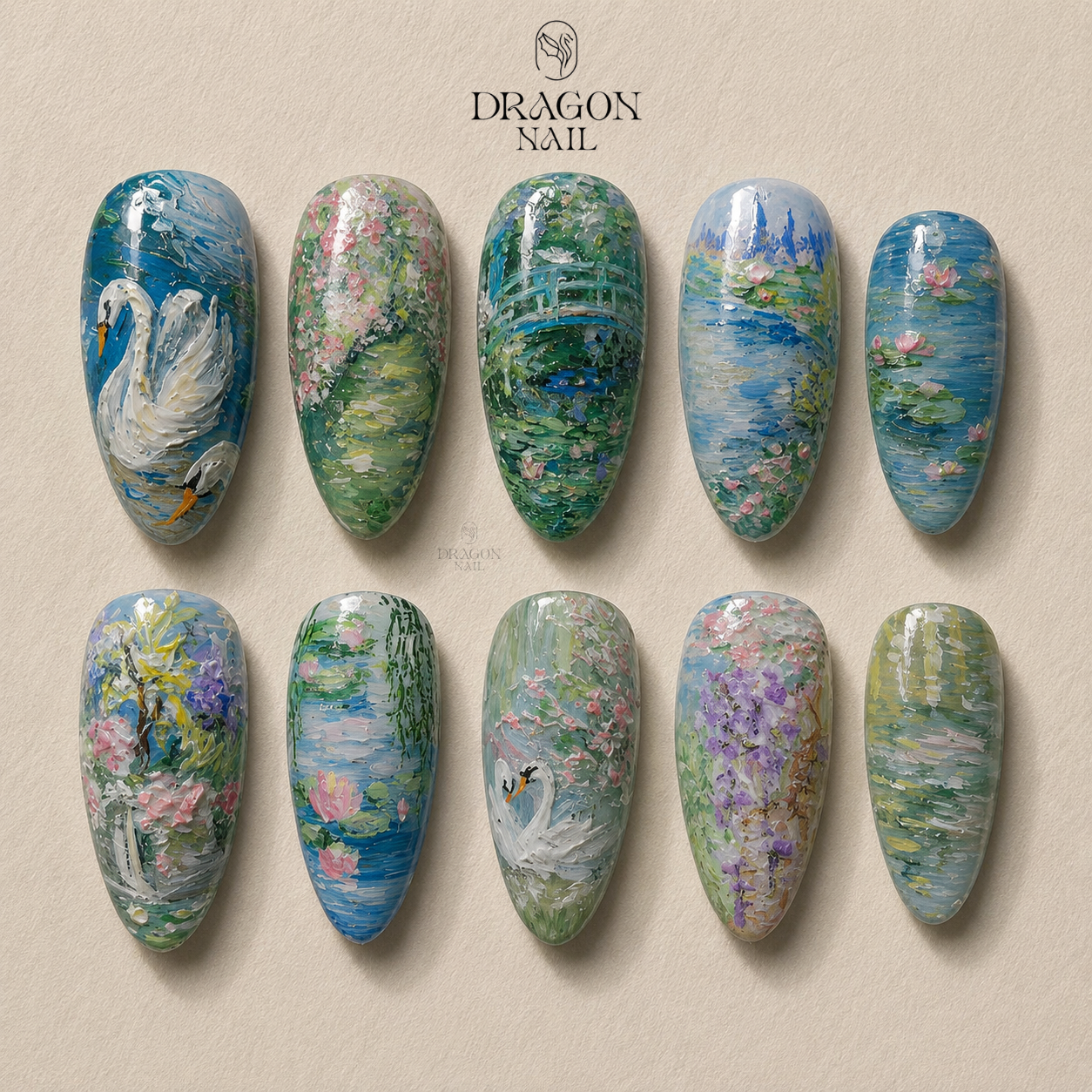 Impressionist Floral Water Garden Artistic Press On Nails
